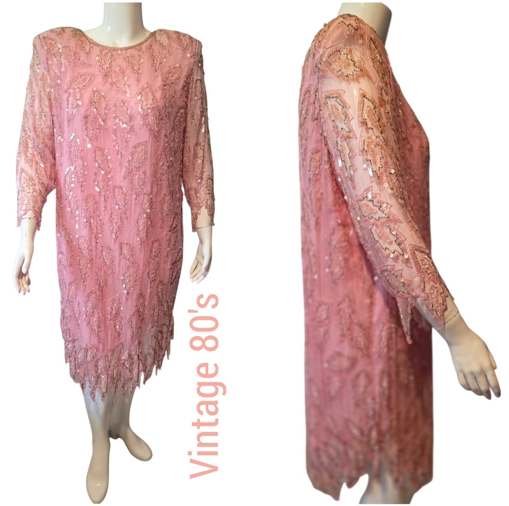 Carina International 100 % Silk 80's Pink Sequin Dress NWT 4X